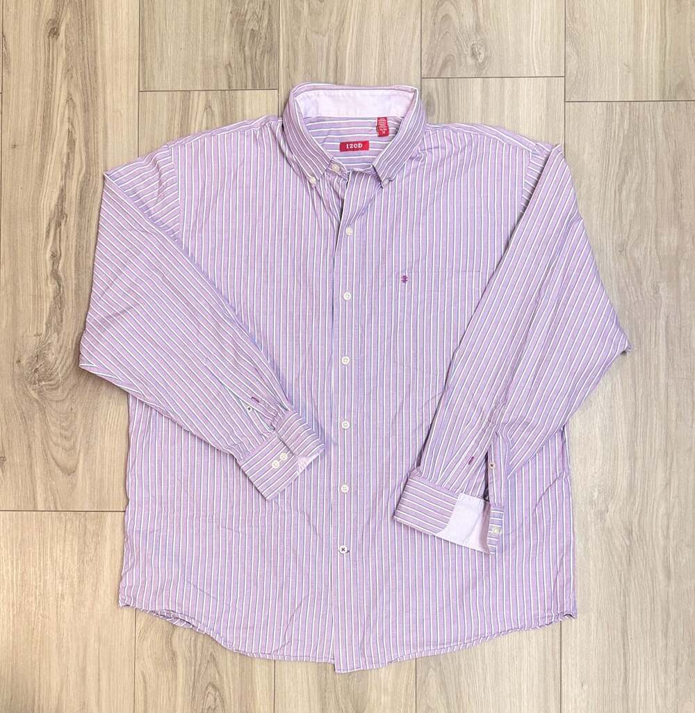IZOD Purple and White Striped Long Sleeve Button-Up Shirt